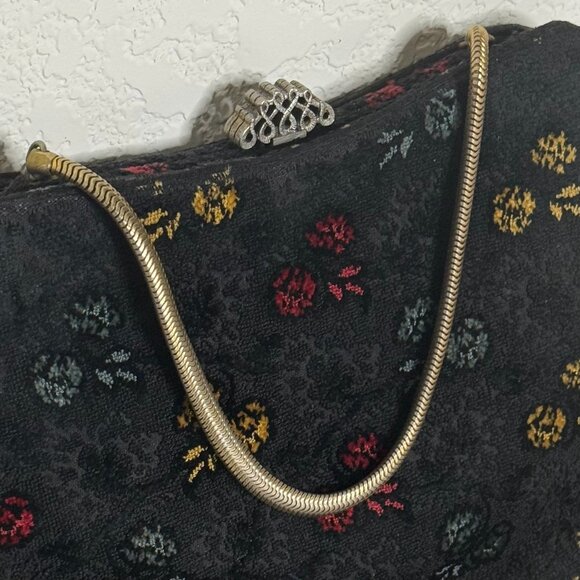 Vintage Crown Lewis Handbag Black w/ Gold Accents Floral Brocade - Picture 2 of 13